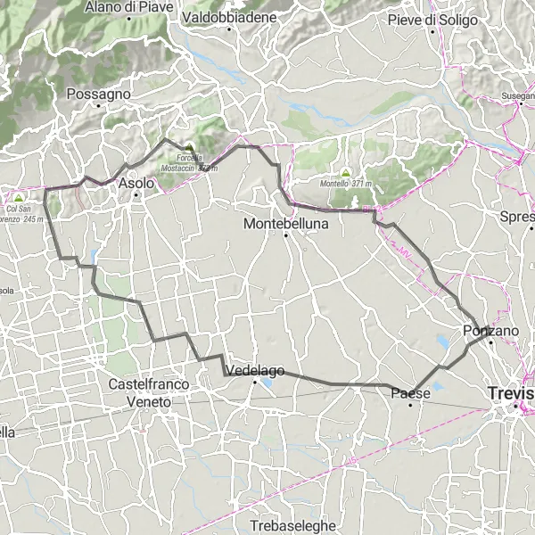 Map miniature of "Ponzano to Paese and Volpago del Montello Road Cycling Route" cycling inspiration in Veneto, Italy. Generated by Tarmacs.app cycling route planner