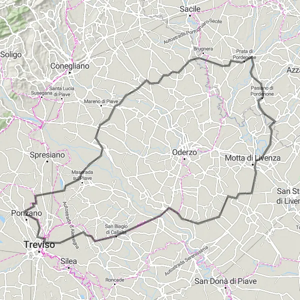 Miniatua del mapa de inspiración ciclista "Recorrido escénico de Cimadolmo a Fontane" en Veneto, Italy. Generado por Tarmacs.app planificador de rutas ciclistas