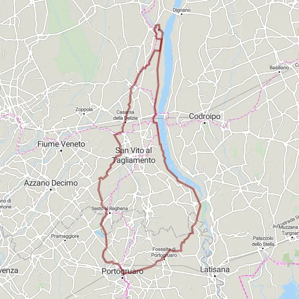 Zemljevid v pomanjšavi "Gravel pot Sesto al Reghena in nazaj" kolesarske inspiracije v Veneto, Italy. Generirano z načrtovalcem kolesarskih poti Tarmacs.app