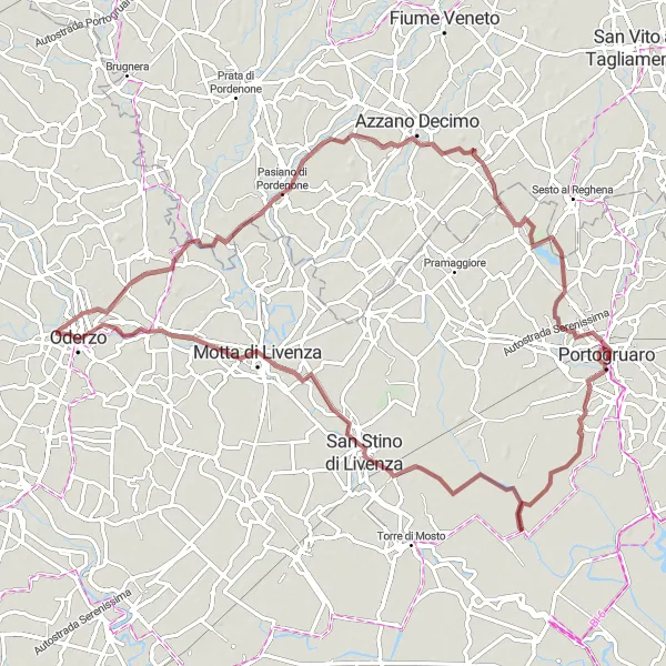 Miniatuurkaart van de fietsinspiratie "Gravelroute van Portogruaro naar San Stino di Livenza en terug" in Veneto, Italy. Gemaakt door de Tarmacs.app fietsrouteplanner