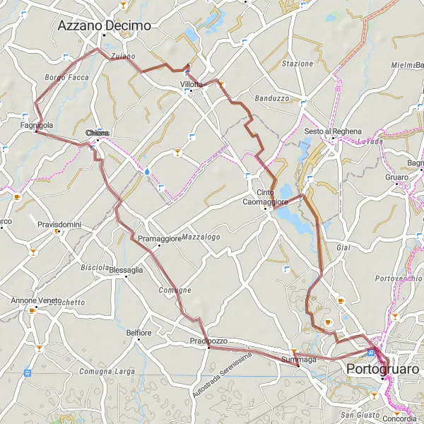 Kartminiatyr av "Grusvei-eventyr til Chions" sykkelinspirasjon i Veneto, Italy. Generert av Tarmacs.app sykkelrutoplanlegger