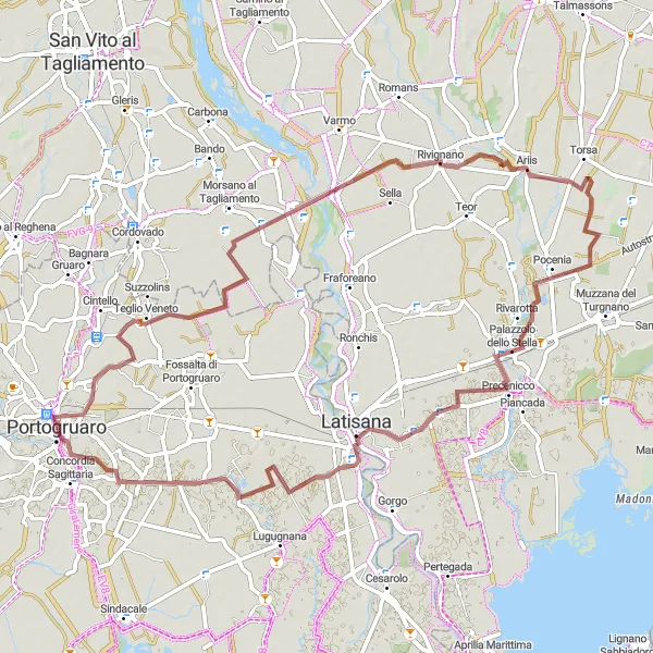 Karten-Miniaturansicht der Radinspiration "Entdeckungsreise durch Portogruaro auf dem Schotterweg" in Veneto, Italy. Erstellt vom Tarmacs.app-Routenplaner für Radtouren