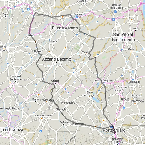 Map miniature of "Blessaglia Loop" cycling inspiration in Veneto, Italy. Generated by Tarmacs.app cycling route planner