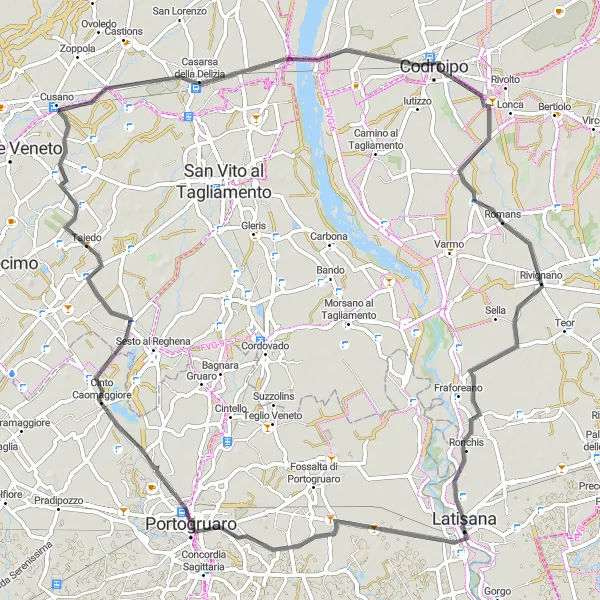 Kartminiatyr av "Rundtur på landsväg till Casarsa della Delizia" cykelinspiration i Veneto, Italy. Genererad av Tarmacs.app cykelruttplanerare
