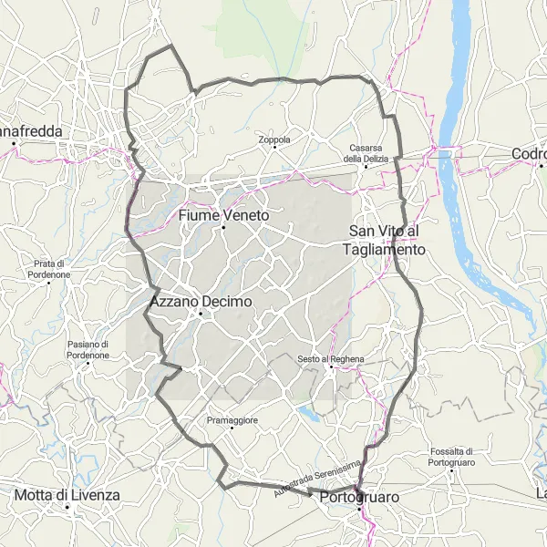 Miniatuurkaart van de fietsinspiratie "Ontdek de cultuur in Pordenone" in Veneto, Italy. Gemaakt door de Tarmacs.app fietsrouteplanner