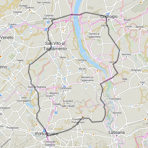 Map miniature of "Seaside and Countryside Loop" cycling inspiration in Veneto, Italy. Generated by Tarmacs.app cycling route planner