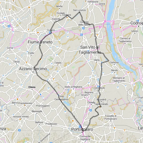 Mapa miniatúra "Road Cycling Loop from Portogruaro" cyklistická inšpirácia v Veneto, Italy. Vygenerované cyklistickým plánovačom trás Tarmacs.app