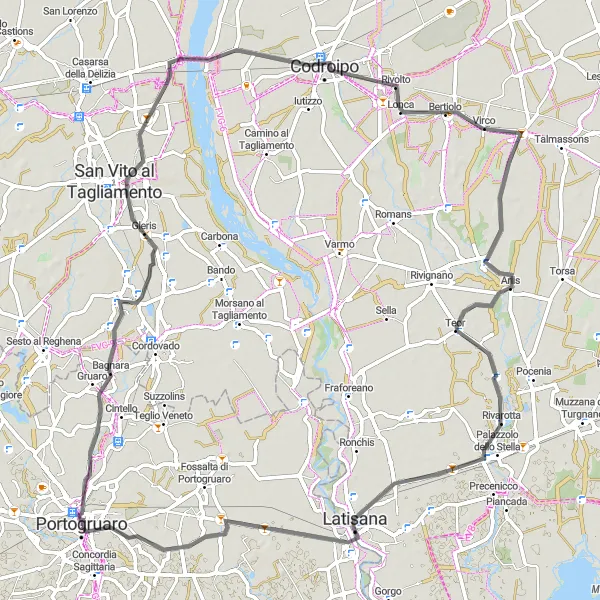 Karten-Miniaturansicht der Radinspiration "Fahrt entlang des Flusses Tagliamento" in Veneto, Italy. Erstellt vom Tarmacs.app-Routenplaner für Radtouren