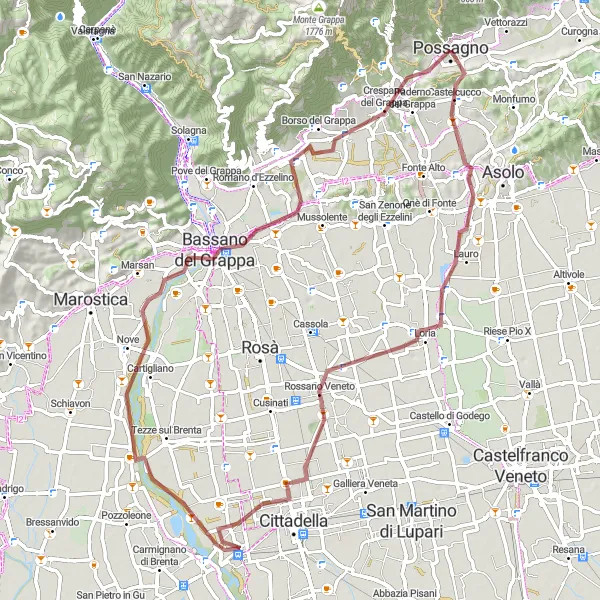 Miniature de la carte de l'inspiration cycliste "Aventure sur les sentiers de gravier autour de Possagno" dans la Veneto, Italy. Générée par le planificateur d'itinéraire cycliste Tarmacs.app