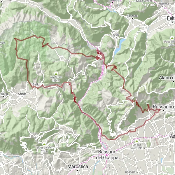 Miniatuurkaart van de fietsinspiratie "Gravelroute vanuit Possagno via Borso del Grappa en Monte Zingarella" in Veneto, Italy. Gemaakt door de Tarmacs.app fietsrouteplanner