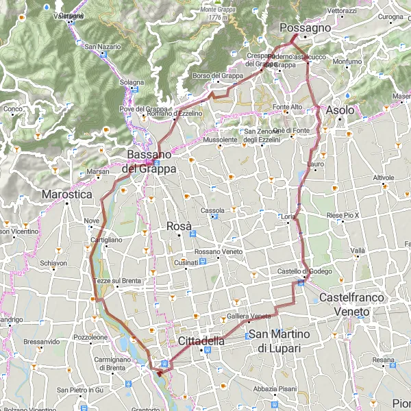 Zemljevid v pomanjšavi "Raziskovanje podeželja Castelcuca" kolesarske inspiracije v Veneto, Italy. Generirano z načrtovalcem kolesarskih poti Tarmacs.app