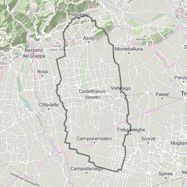 Miniatura della mappa di ispirazione al ciclismo "Road da Possagno a Crespano del Grappa" nella regione di Veneto, Italy. Generata da Tarmacs.app, pianificatore di rotte ciclistiche