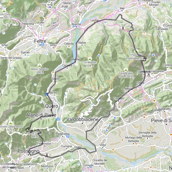 Kartminiatyr av "Rundtur till Monte Tomba och Follina" cykelinspiration i Veneto, Italy. Genererad av Tarmacs.app cykelruttplanerare
