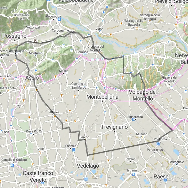 Miniatuurkaart van de fietsinspiratie "Wegroute vanuit Possagno via Col Minier en Montello" in Veneto, Italy. Gemaakt door de Tarmacs.app fietsrouteplanner