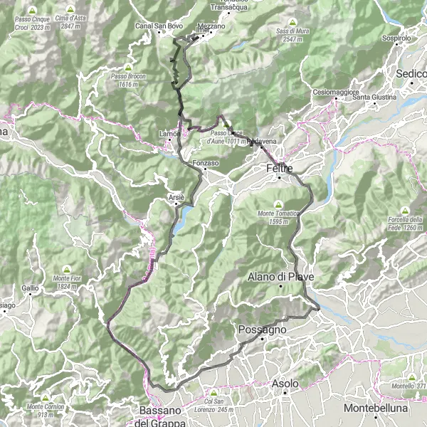 Miniatua del mapa de inspiración ciclista "Desafío en Bicicleta alrededor de Possagno" en Veneto, Italy. Generado por Tarmacs.app planificador de rutas ciclistas