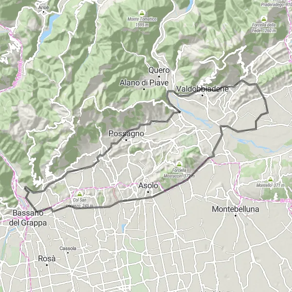 Zemljevid v pomanjšavi "Okrog Pove del Grappa: Kolesarska dogodivščina" kolesarske inspiracije v Veneto, Italy. Generirano z načrtovalcem kolesarskih poti Tarmacs.app