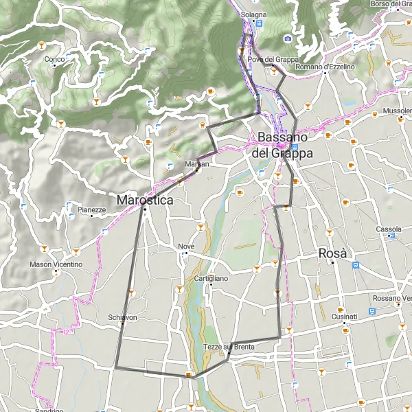 Miniatura della mappa di ispirazione al ciclismo "Giro in bicicletta da Pove del Grappa" nella regione di Veneto, Italy. Generata da Tarmacs.app, pianificatore di rotte ciclistiche