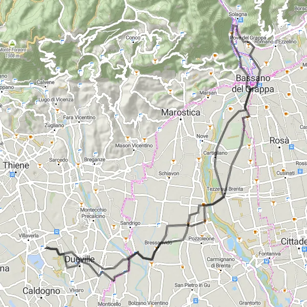 Miniatura della mappa di ispirazione al ciclismo "Tra Ville e Naturaleza" nella regione di Veneto, Italy. Generata da Tarmacs.app, pianificatore di rotte ciclistiche