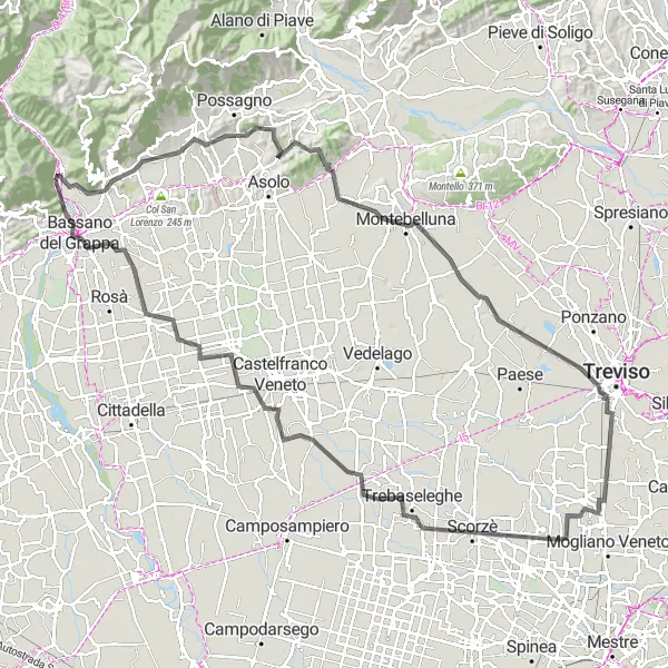 Kartminiatyr av "Scenic Road Cycling Loop to Bassano del Grappa" cykelinspiration i Veneto, Italy. Genererad av Tarmacs.app cykelruttplanerare