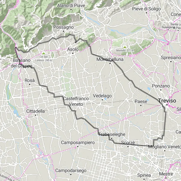 Miniatua del mapa de inspiración ciclista "Ruta de ciclismo de carretera desde Pove del Grappa" en Veneto, Italy. Generado por Tarmacs.app planificador de rutas ciclistas