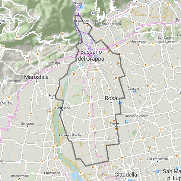 Miniatura della mappa di ispirazione al ciclismo "Giro panoramico tra le colline" nella regione di Veneto, Italy. Generata da Tarmacs.app, pianificatore di rotte ciclistiche
