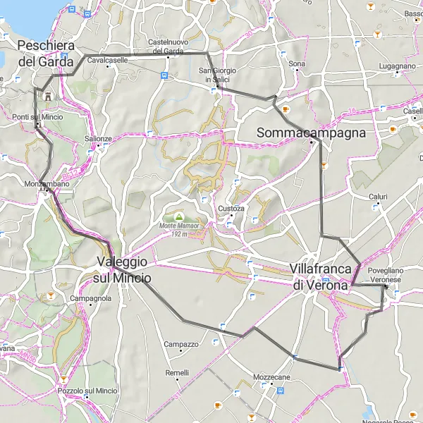 Miniatura della mappa di ispirazione al ciclismo "Tour in bicicletta da Povegliano Veronese a Monzambano" nella regione di Veneto, Italy. Generata da Tarmacs.app, pianificatore di rotte ciclistiche