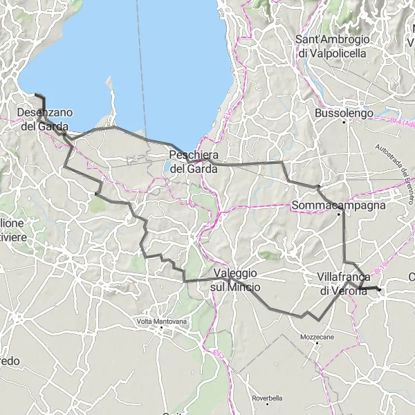 Miniatua del mapa de inspiración ciclista "Ruta en Carretera a Desenzano del Garda" en Veneto, Italy. Generado por Tarmacs.app planificador de rutas ciclistas