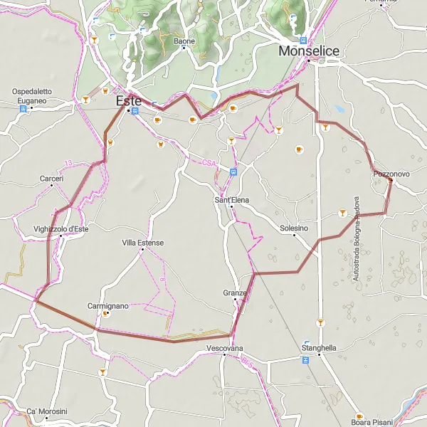 Miniatua del mapa de inspiración ciclista "Ruta de Ciclismo de Grava cerca de Pozzonovo" en Veneto, Italy. Generado por Tarmacs.app planificador de rutas ciclistas