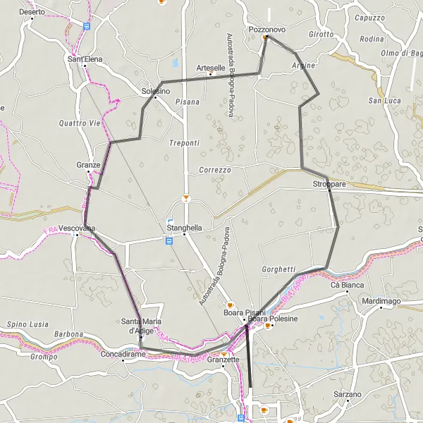 Miniature de la carte de l'inspiration cycliste "Itinéraire court de 39 km de Pozzonovo passant par Boara Pisani, Granze" dans la Veneto, Italy. Générée par le planificateur d'itinéraire cycliste Tarmacs.app