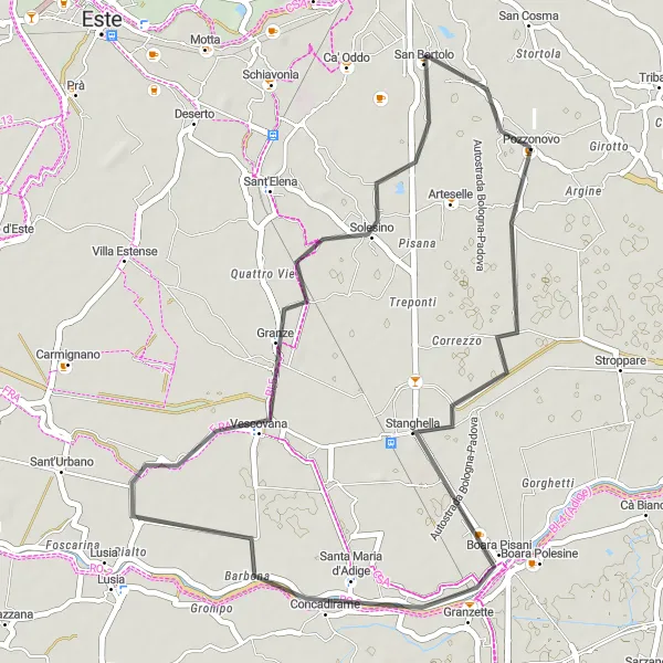 Miniatua del mapa de inspiración ciclista "Ruta de ciclismo de 44 km en carretera cerca de Pozzonovo" en Veneto, Italy. Generado por Tarmacs.app planificador de rutas ciclistas