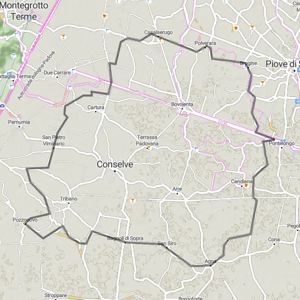 Kartminiatyr av "Utflykt till Agna och Bagnoli di Sopra" cykelinspiration i Veneto, Italy. Genererad av Tarmacs.app cykelruttplanerare