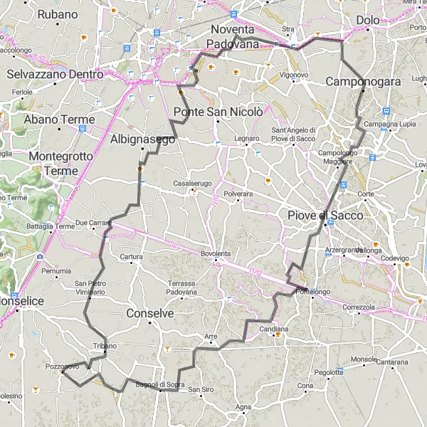 Miniaturní mapa "Cyklistická trasa Pozzonovo - Arre" inspirace pro cyklisty v oblasti Veneto, Italy. Vytvořeno pomocí plánovače tras Tarmacs.app