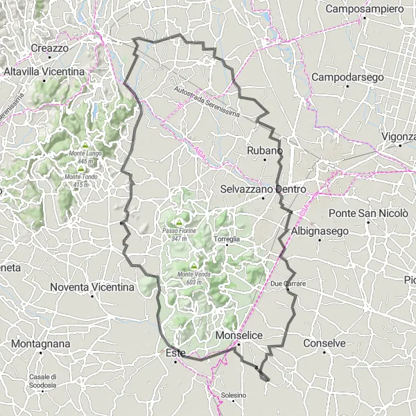 Mapa miniatúra "Cyklotúra cez Este a Monte Lozzo" cyklistická inšpirácia v Veneto, Italy. Vygenerované cyklistickým plánovačom trás Tarmacs.app