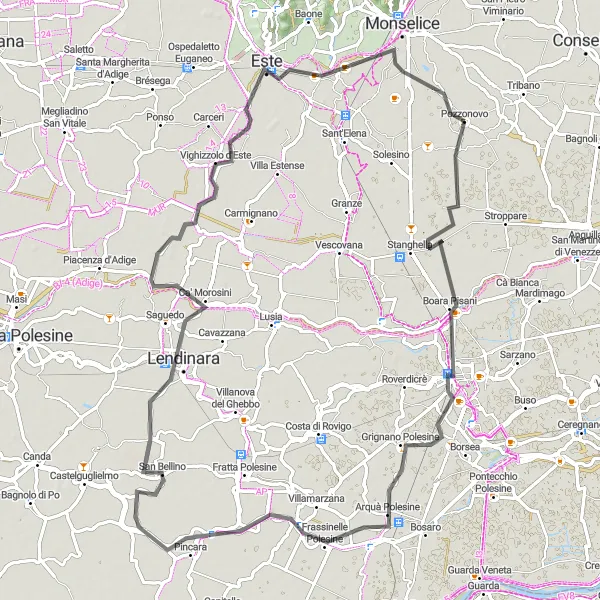 Kartminiatyr av "Utforsk Arquà Polesine og Este på sykkel" sykkelinspirasjon i Veneto, Italy. Generert av Tarmacs.app sykkelrutoplanlegger