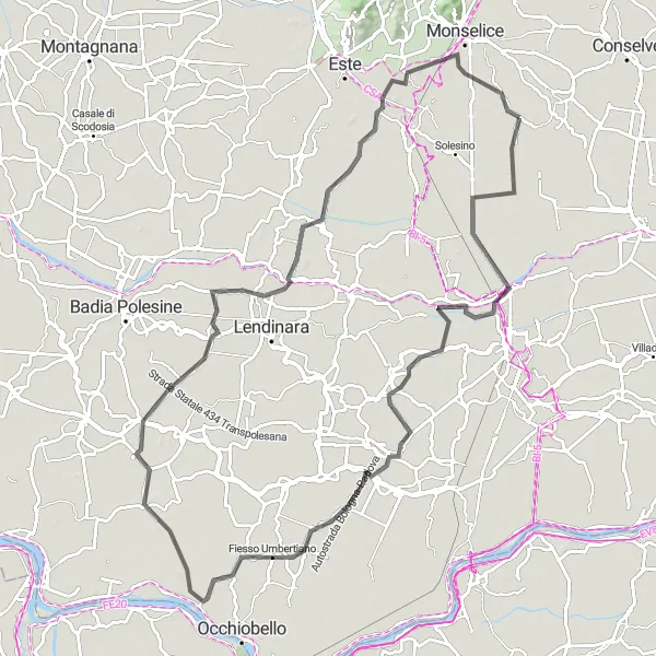 Miniatua del mapa de inspiración ciclista "Ruta de Ciclismo de Carretera cerca de Pozzonovo" en Veneto, Italy. Generado por Tarmacs.app planificador de rutas ciclistas