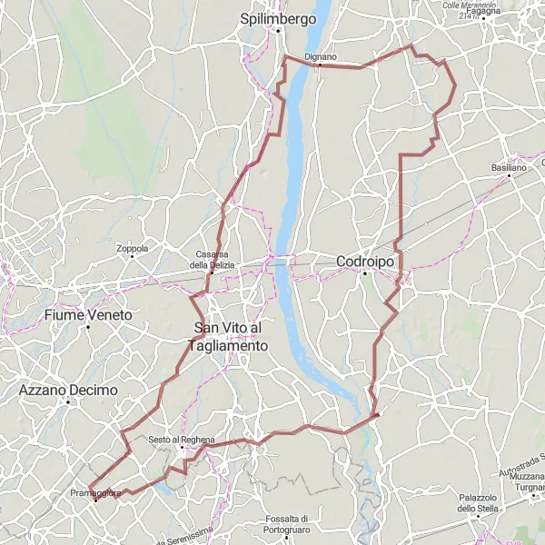 Miniatuurkaart van de fietsinspiratie "Uitdagende Gravel Rondrit van 110 km vanuit Pramaggiore" in Veneto, Italy. Gemaakt door de Tarmacs.app fietsrouteplanner