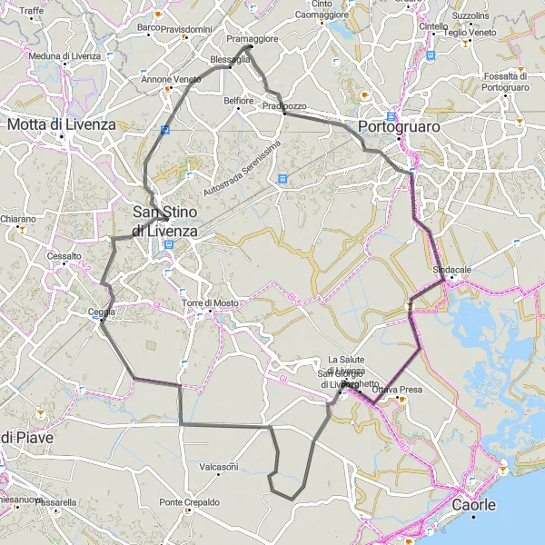 Map miniature of "Journey through Concordia Sagittaria" cycling inspiration in Veneto, Italy. Generated by Tarmacs.app cycling route planner