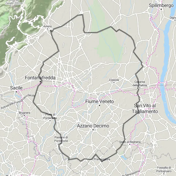 Zemljevid v pomanjšavi "Pramaggiore - Aviano - Arzene - Cinto Caomaggiore" kolesarske inspiracije v Veneto, Italy. Generirano z načrtovalcem kolesarskih poti Tarmacs.app