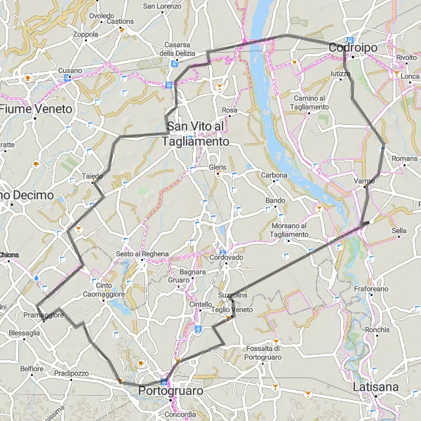 Miniaturní mapa "Okruh Pra Maggiore - Portogruaro" inspirace pro cyklisty v oblasti Veneto, Italy. Vytvořeno pomocí plánovače tras Tarmacs.app