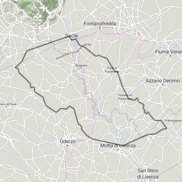 Miniatua del mapa de inspiración ciclista "Ruta en Carretera por los alrededores de Pramaggiore II" en Veneto, Italy. Generado por Tarmacs.app planificador de rutas ciclistas