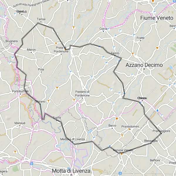 Miniature de la carte de l'inspiration cycliste "Parcours à travers Meduna di Livenza et Chions" dans la Veneto, Italy. Générée par le planificateur d'itinéraire cycliste Tarmacs.app