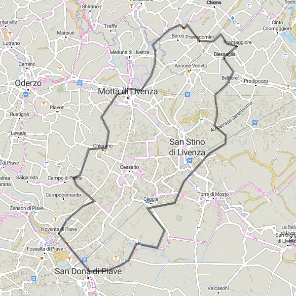 Miniatua del mapa de inspiración ciclista "Ruta Escénica por los alrededores de Pramaggiore" en Veneto, Italy. Generado por Tarmacs.app planificador de rutas ciclistas