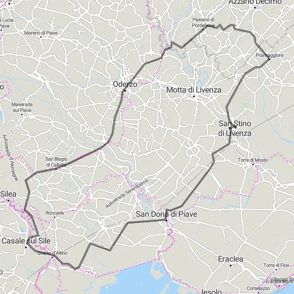 Miniaturní mapa "Okružní cyklistická trasa od Pramaggiore" inspirace pro cyklisty v oblasti Veneto, Italy. Vytvořeno pomocí plánovače tras Tarmacs.app