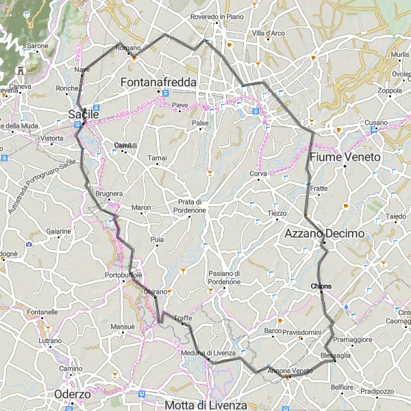 Miniaturní mapa "Cyklistická trasa s výhledy na doliny od Pramaggiore" inspirace pro cyklisty v oblasti Veneto, Italy. Vytvořeno pomocí plánovače tras Tarmacs.app