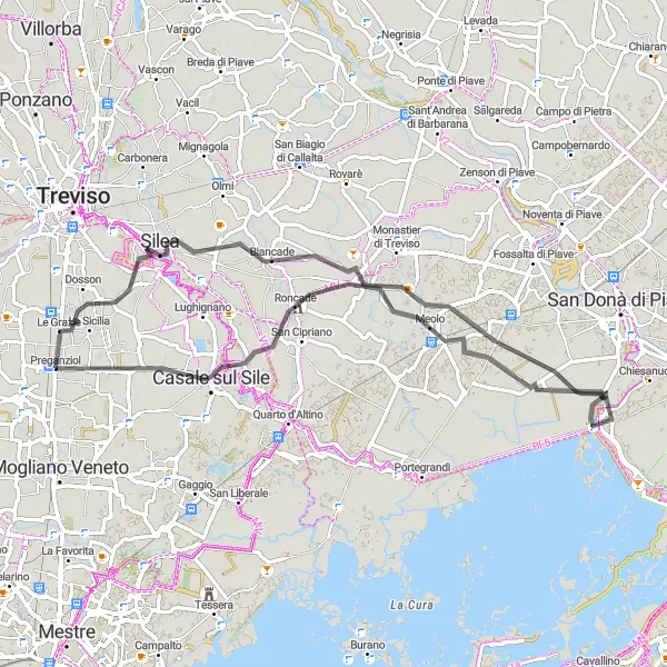 Miniatua del mapa de inspiración ciclista "Ruta Escénica a través de Roncade" en Veneto, Italy. Generado por Tarmacs.app planificador de rutas ciclistas