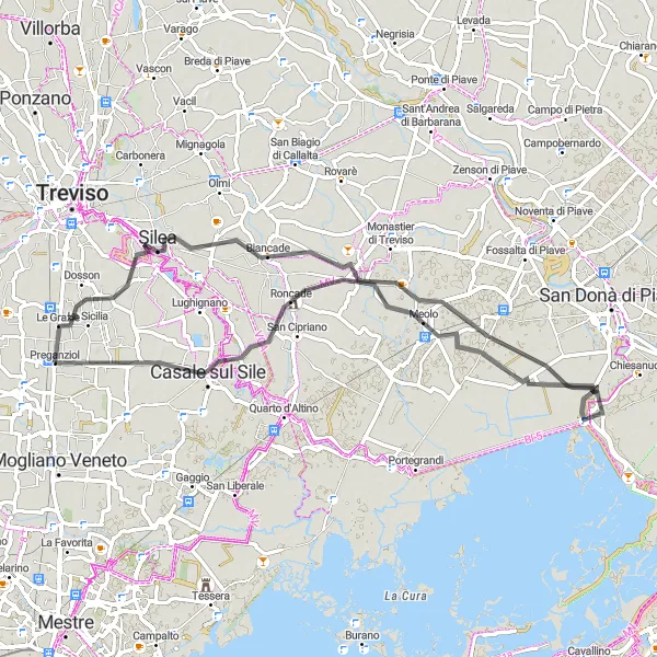 Miniatura della mappa di ispirazione al ciclismo "Ciclabile da Preganziol a Roncade e oltre" nella regione di Veneto, Italy. Generata da Tarmacs.app, pianificatore di rotte ciclistiche