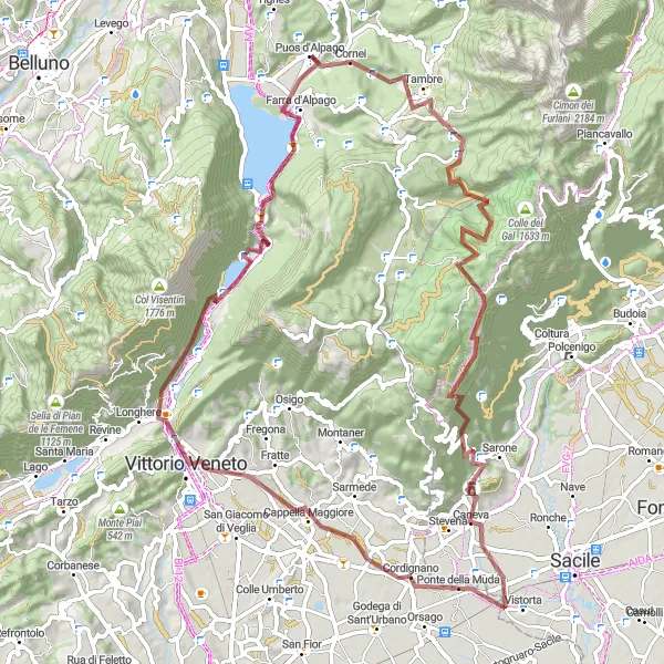 Kartminiatyr av "Grusvei til Vittorio Veneto" sykkelinspirasjon i Veneto, Italy. Generert av Tarmacs.app sykkelrutoplanlegger