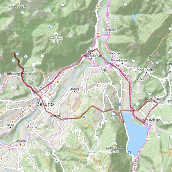 Miniatua del mapa de inspiración ciclista "Ruta de Grava desde Puos d'Alpago a Farra d'Alpago" en Veneto, Italy. Generado por Tarmacs.app planificador de rutas ciclistas