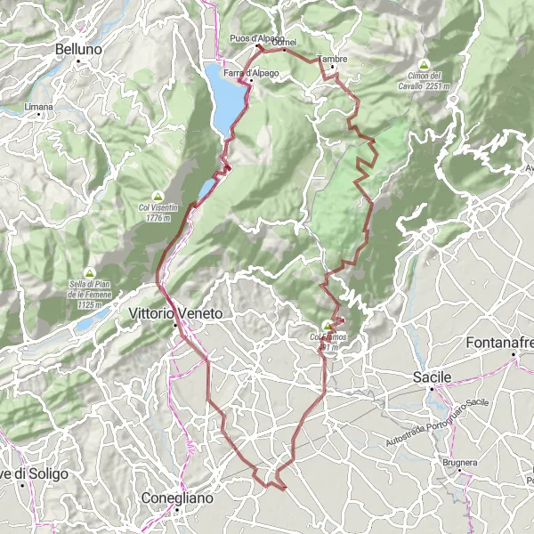 Kartminiatyr av "Grusvei-eventyret rundt Puos d'Alpago" sykkelinspirasjon i Veneto, Italy. Generert av Tarmacs.app sykkelrutoplanlegger