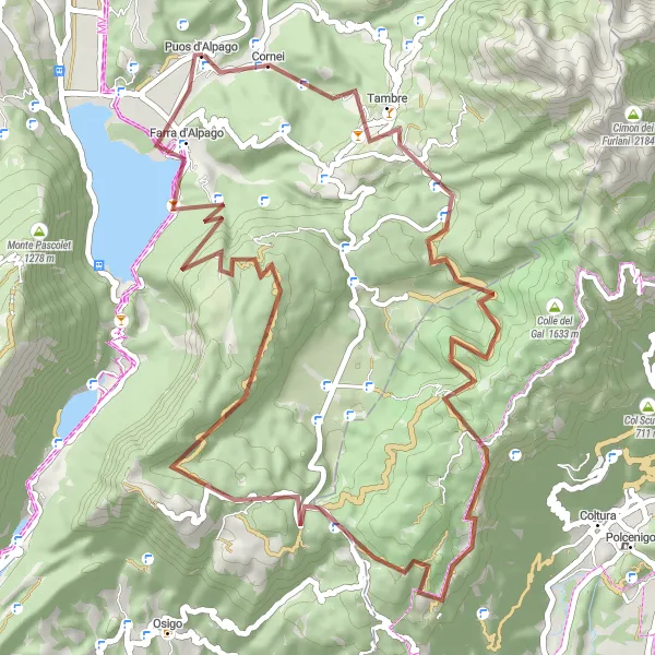 Miniatua del mapa de inspiración ciclista "Ruta de Grava a través de Tambre y Monte Candaglia" en Veneto, Italy. Generado por Tarmacs.app planificador de rutas ciclistas